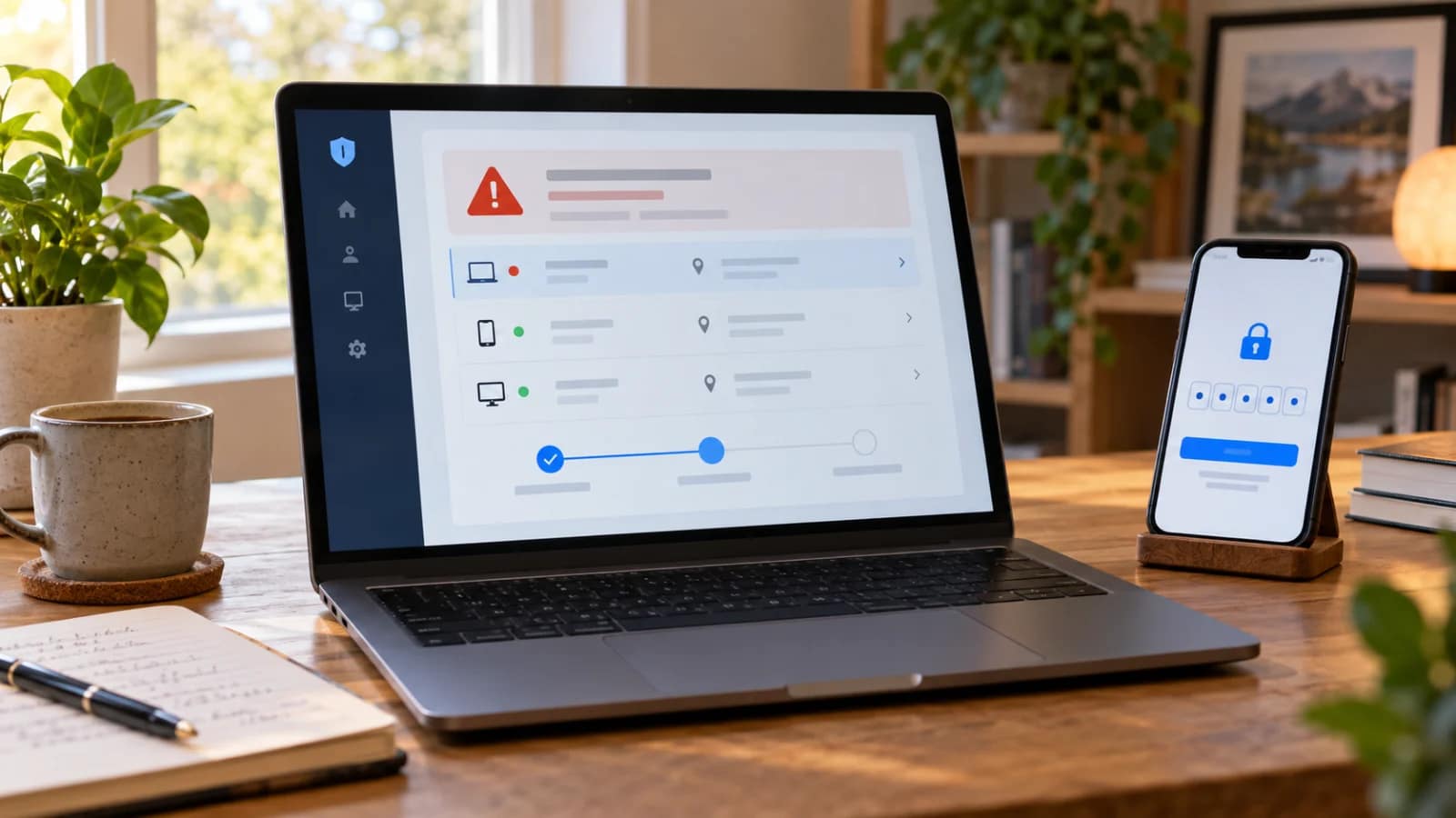 Laptop con avviso di accesso sospetto e smartphone con verifica in due passaggi