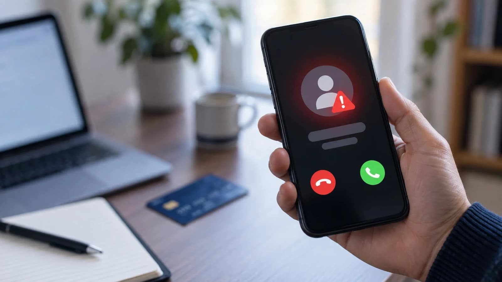 Persona che riceve una telefonata sospetta sullo smartphone accanto a computer e carta di pagamento
