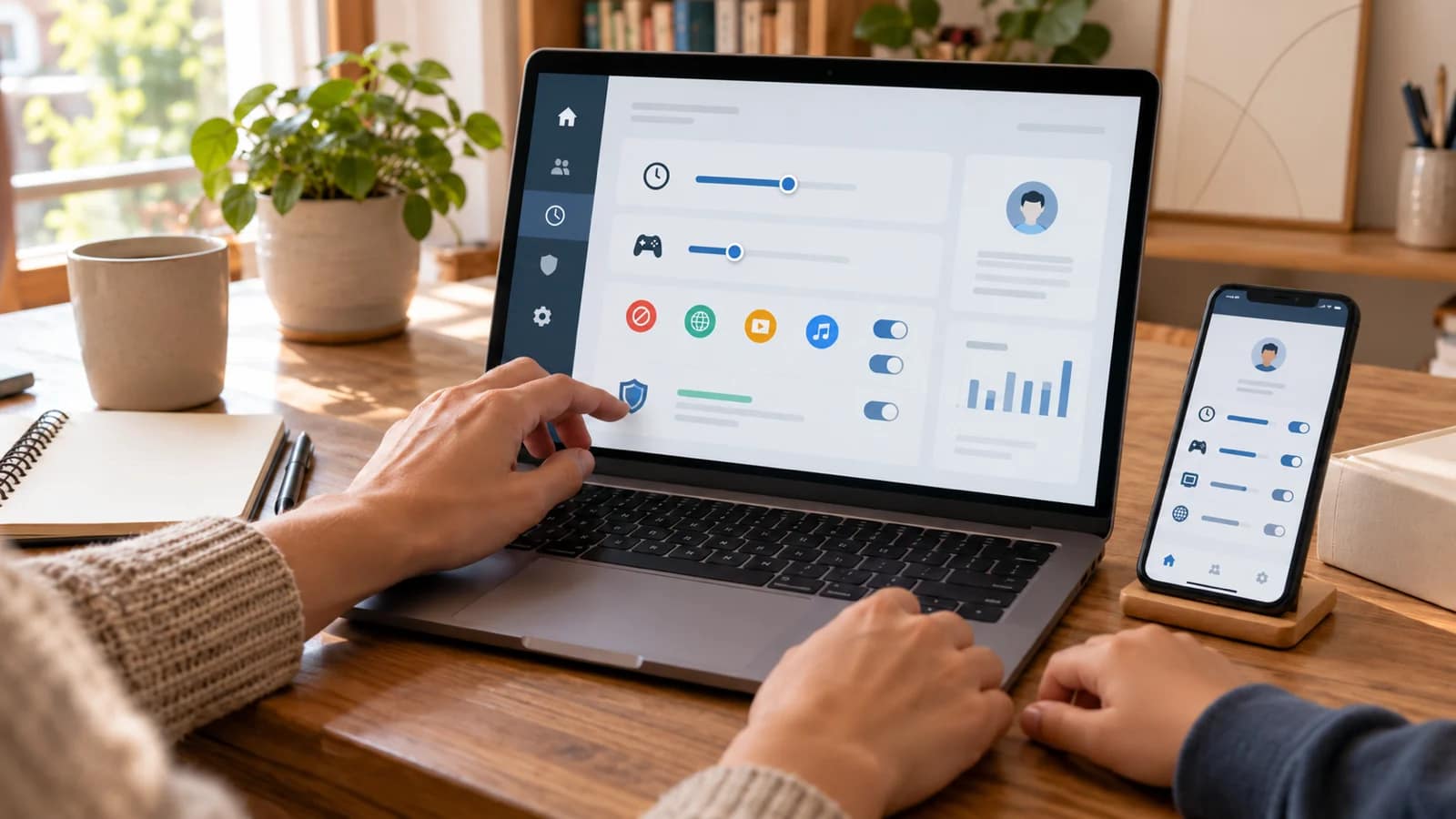 Genitore configura limiti e controlli parentali su laptop e smartphone