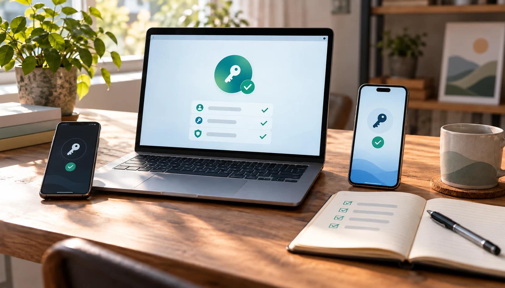 Laptop e due smartphone mostrano passkey verificate durante un cambio di telefono
