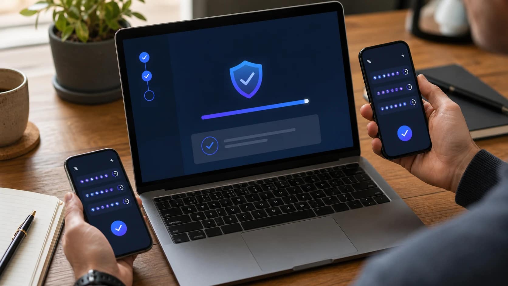 Due smartphone e laptop durante il trasferimento sicuro dei codici Authenticator sul nuovo telefono