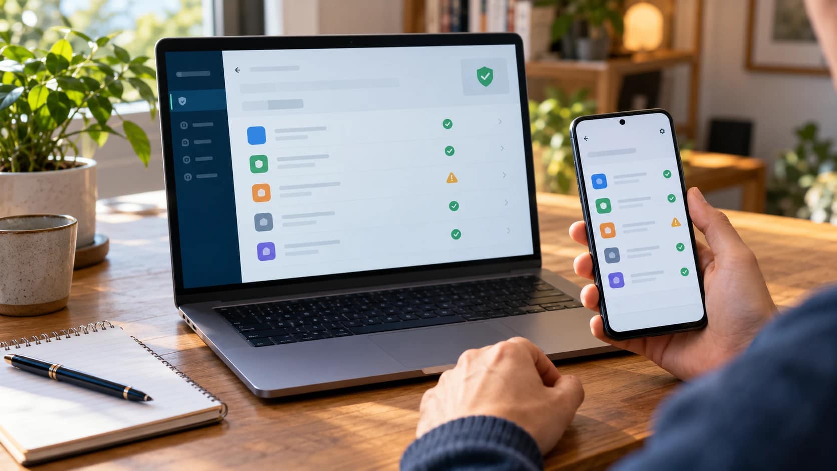 Persona che controlla un elenco di app e avvisi di sicurezza su smartphone e computer alla scrivania