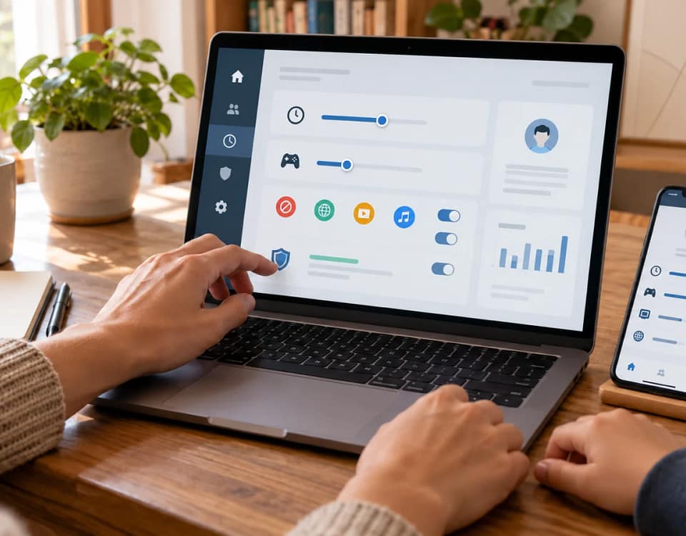 Genitore configura limiti e controlli parentali su laptop e smartphone